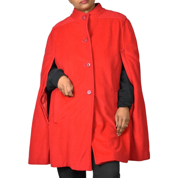 Vintage Sherwood Cape Red Bright Lipstick Flannel Velour Pockets Retro XL Large - Picture 2 of 16